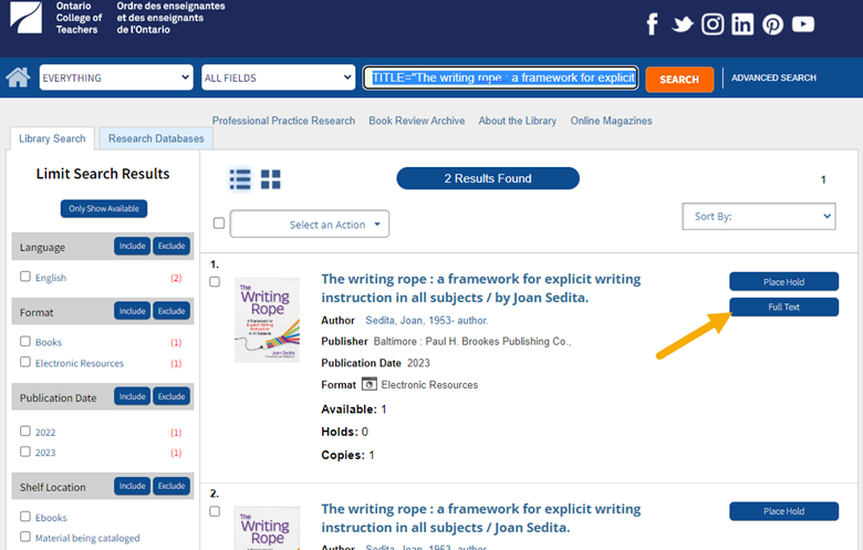 Screenshot of library webpage highlighting link to open eBook contents in browser.