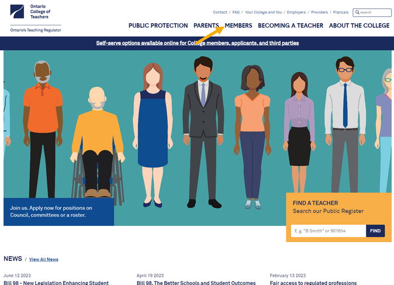 Screenshot of College webpage highlighting link to Members' area.