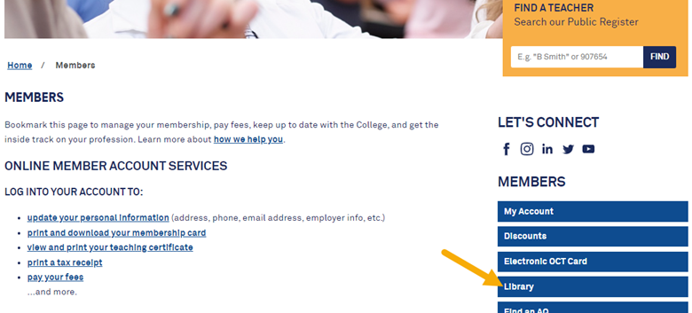 Screenshot of Members' area webpage highlighting link to library site.