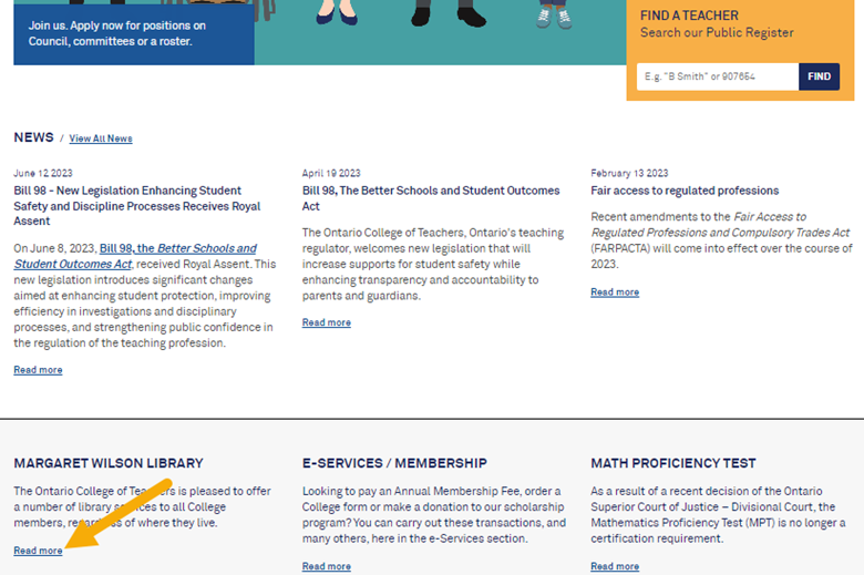 Screenshot of College webpage highlighting link to library site.