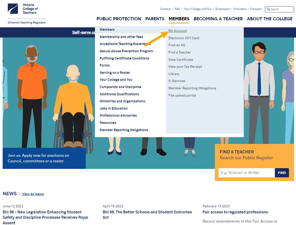 Screenshot of College webpage highlighting link to Member account login.