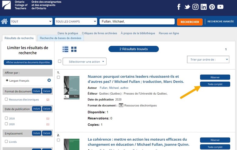 Capture d’écran de la page web de la bibliothèque avec une flèche pointée vers le lien pour ouvrir le contenu d’un livrel dans le navigateur.