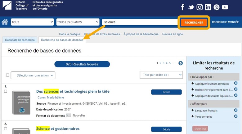 Capture d’écran de la page web de la bibliothèque avec le bouton «Rechercher» mis en évidence et une flèche pointée vers l’onglet des résultats d’une recherche dans les bases de données.