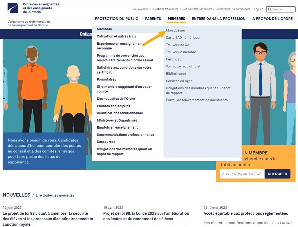 Capture d’écran de la page web de l’Ordre avec une flèche pointée vers le lien pour se connecter au dossier de membre.