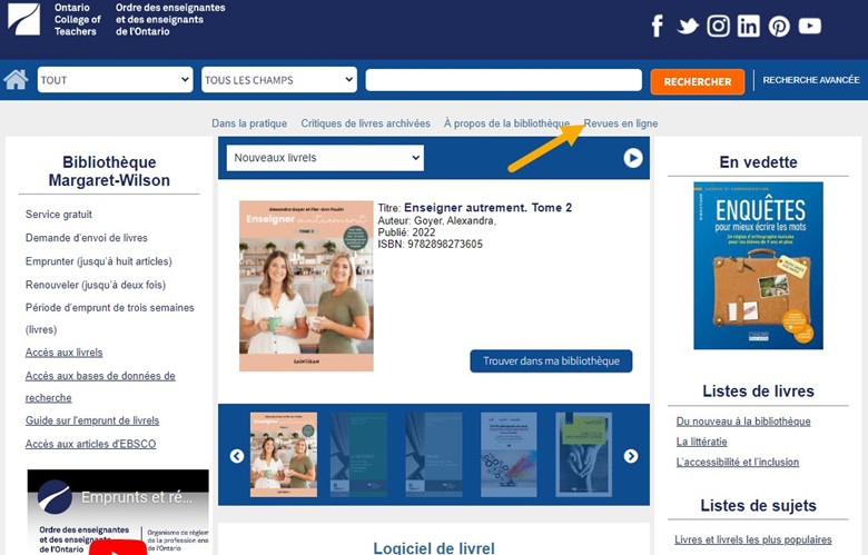 Capture d’écran de la page web de la bibliothèque avec une flèche pointée vers le lien pour accéder aux revues en ligne.