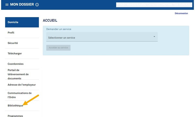 Capture d’écran de la page web du dossier de membre avec une flèche pointée vers le site de la bibliothèque.
