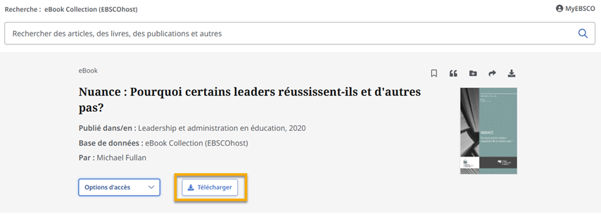 Capture d’écran de la page web d’EBSCO avec une flèche pointée vers le lien pour télécharger un livrel.
