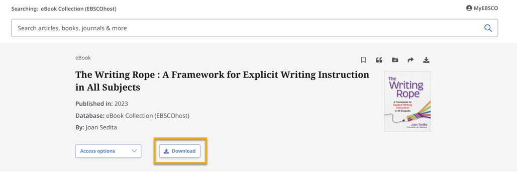Screenshot of EBSCO webpage highlighting link to download eBook.