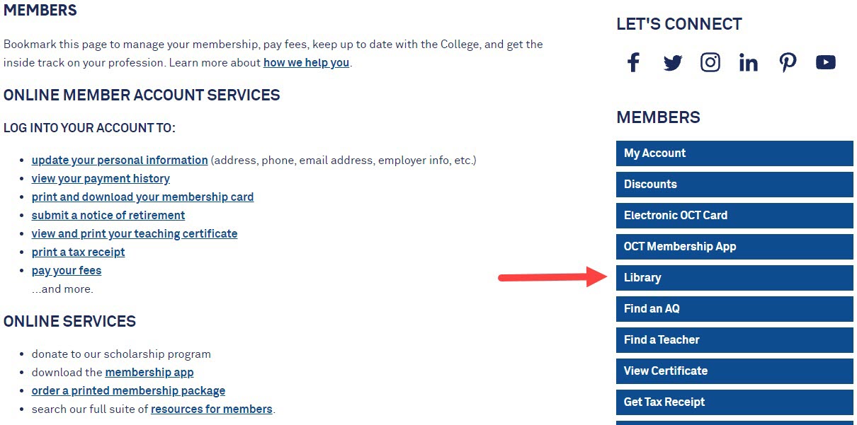 Screenshot of the OCT website with an arrow pointing to “Library”.