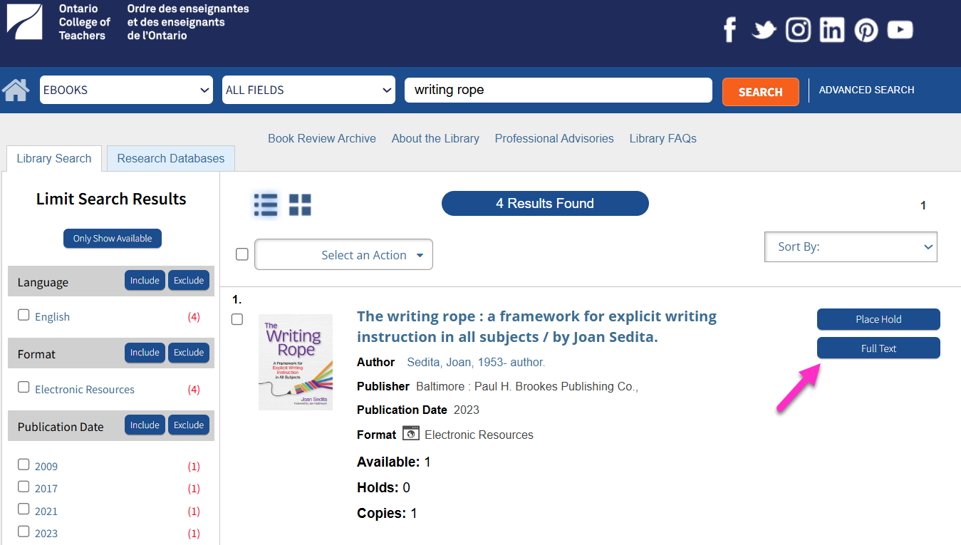 Screenshot of library webpage highlighting link to open eBook contents in browser.