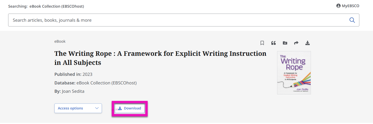 Screenshot of EBSCO webpage highlighting link to download eBook.
